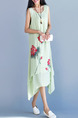 Green Plus Size Loose Located Printing Asymmetrical Hem Round Neck Dress for Casual