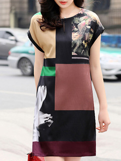 Brown Colorful Plus Size Loose Contrast Linking Located Printing Dress for Casual Party