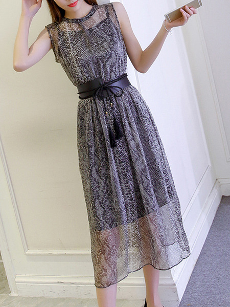 Grey Two-Piece Snakeskin Round Neck See-Through Hem Dress for Casual Party