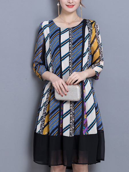 Colorful Plus Size Loose Stripe Printed Round Neck Dress for Casual Office