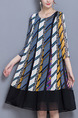 Colorful Plus Size Loose Stripe Printed Round Neck Dress for Casual Office
