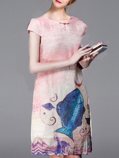 Pink and Blue Contrast Loose Located Printing Round Neck  Dress for Casual