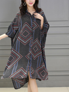 Grey Plus Size Loose Printed Lapel Asymmetrical Hem Dress for Casual