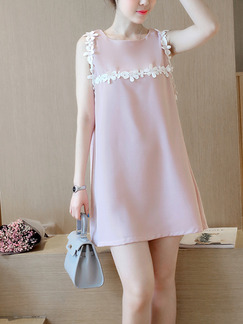 Pink A-Line Round Neck Linking Petal Cute Dress for Casual Party
