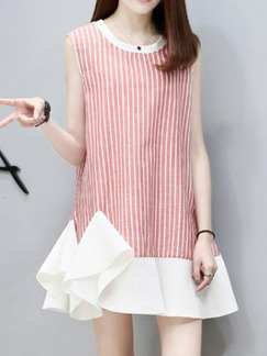 Pink and White Plus Size Loose A-Line Contrast Stripe Ruffled Cute Dress for Casual Party
