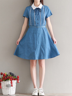 Blue Slim A-Line Lapel Located Printing Buttons Butterfly Knot Zipper Side Above Knee Dress for Casual Office Party