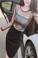 Black Slim Seem-Two Contrast Linking Mesh Round Neck Over-Hip Long Sleeve Dress for Casual Party Evening