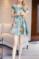 Blue Colorful Slim A-Line Printed Off-Shoulder Butterfly Knot Dress for Casual Party
