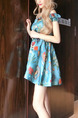 Blue Colorful Slim A-Line Printed Off-Shoulder Butterfly Knot Dress for Casual Party