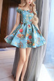 Blue Colorful Slim A-Line Printed Off-Shoulder Butterfly Knot Dress for Casual Party