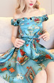 Blue Colorful Slim A-Line Printed Off-Shoulder Butterfly Knot Dress for Casual Party