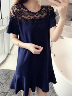 Blue Plus Size Loose Round Neck Cutout Shoulder Ruffled Above Knee Dress for Casual Party
