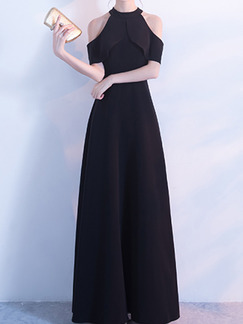 Black Slim A-Line Hang Neck Off-Shoulder Full Skirt Zipper Back Dress for Cocktail Party Evening Prom