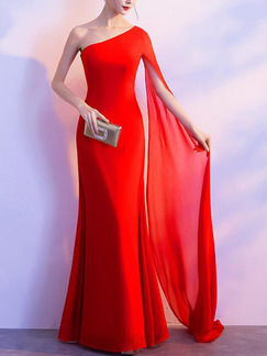 Red Slim One Shoulder Long Mesh Sleeve Dress for Cocktail Party Evening Prom