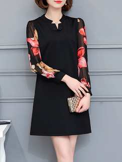 Black A-Line Plus Size Linking Printed Sleeve Chinese Button Above Knee Dress for Casual Party