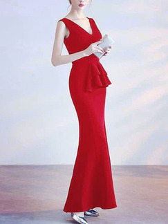 Red Slim V Neck Ruffled Over-Hip Fishtail Open Back Dress for Cocktail Party Evening