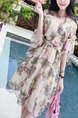 Beige Colorful A-Line Printed V Neck Flare Sleeve Band Floral Dress for Casual Party Evening