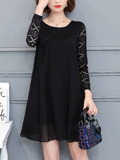 Black Plus Size Loose A-Line Linking Lace Round Neck Long Sleeve Above Knee Dress for Casual Office Party Evening