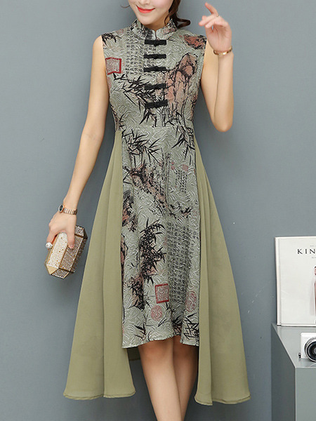 Green and Grey Colorful Plus Size Slim Linking Printed Chinese Buttons Zipper Back Asymmetrical Hem Dress for Casual Party Evening