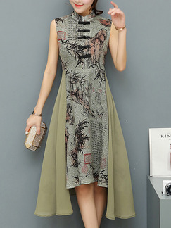 Green and Grey Colorful Plus Size Slim Linking Printed Chinese Buttons Zipper Back Asymmetrical Hem Dress for Casual Party Evening