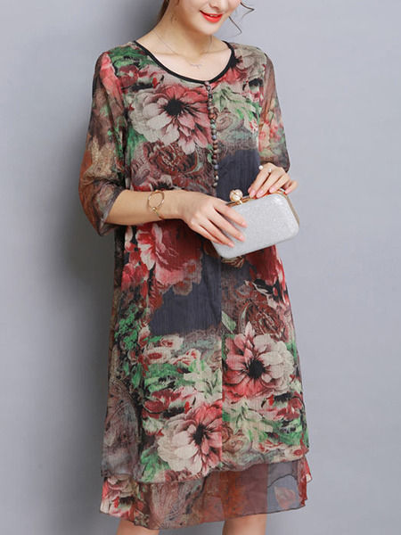 Colorful Plus Size Loose Printed Round Neck Chinese Buttons Dress for Casual Party Evening