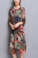 Colorful Plus Size Loose Printed Round Neck Chinese Buttons Dress for Casual Party Evening