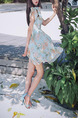 White Colorful Slim A-Line Printed Scarf Collar Band Butterfly Knot  Dress for Casual Party Beach