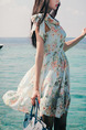 White Colorful Slim A-Line Printed Scarf Collar Band Butterfly Knot  Dress for Casual Party Beach