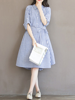 Blue and White A-Line Plus Size Loose Stripe Lapel Band Buttons Rolled Dress for Casual Party