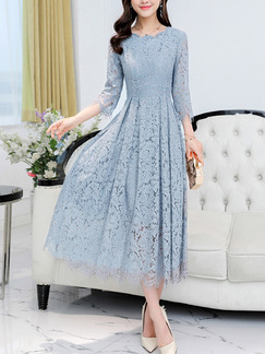 Blue Slim A-Line Laced Collar Lace Printed Zipper Back Dress for Casual Evening