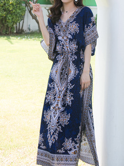 Blue Colorful Printed Plus Size Loose V Neck Adjustable Waist Furcal Dress for Casual Party