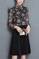 Black Colorful Seem-Two Printed Slim Plus Size Laced Collar Ruffled Adjustable Cuff Invisible Zipper Dress for Casual Office Evening