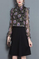Black Colorful Seem-Two Printed Slim Plus Size Laced Collar Ruffled Adjustable Cuff Invisible Zipper Dress for Casual Office Evening