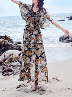 Colorful Slim A-Line Printed V Neck See-Through Asymmetrical Hem Dress for Casual Beach