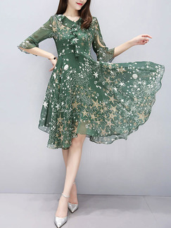 Green Two-Piece Plus Size Slim A-Line Chiffon Printed V Neck Flare Sleeve Asymmetrical Hem Dress for Casual Party Evening