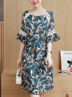 Green White Orange Slim A-Line Printed Round Neck Ruffled Flare Sleeve Band Cutout Dress for Casual Party Office