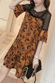 Brown and Black  Plus Size Pregnant Seem-Two A-Line Linking Mesh Printed Flare Sleeve Dress for Casual Party Office