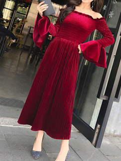 Red Slim A-Line Pleated Off-Shoulder Laced Flare Sleeve Dress for Party Evening Cocktail
