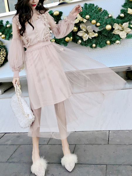 Pink Two-Piece Slim Linking Mesh Lantern Adjustable Waist See-Through Twist Pattern Long Sleeve Dress for Casual