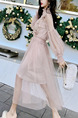 Pink Two-Piece Slim Linking Mesh Lantern Adjustable Waist See-Through Twist Pattern Long Sleeve Dress for Casual