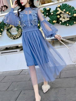 Blue Two-Piece Slim Linking Mesh Lantern Adjustable Waist See-Through Twist Pattern Long Sleeve Dress for Casual