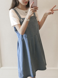Blue  Denim Plus Size Loose Strap A-Line Stripe Dress for Casual