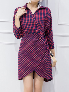 Red and Blue Slim A-Line Grid Lapel V Neck Band Cross Hem Over-Hip Bat Sleeve Dress for Casual Office