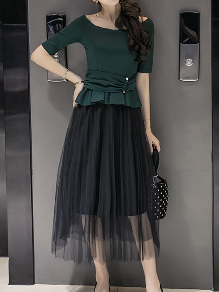 Green and Black Two-Piece Slim Boat Neck Ruffled Adornment Adjustable Waist Linking Mesh See-Through Dress for Casual Party Office