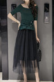 Green and Black Two-Piece Slim Boat Neck Ruffled Adornment Adjustable Waist Linking Mesh See-Through Dress for Casual Party Office