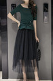 Green and Black Two-Piece Slim Boat Neck Ruffled Adornment Adjustable Waist Linking Mesh See-Through Dress for Casual Party Office
