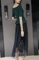 Green and Black Two-Piece Slim Boat Neck Ruffled Adornment Adjustable Waist Linking Mesh See-Through Dress for Casual Party Office