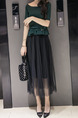 Green and Black Two-Piece Slim Boat Neck Ruffled Adornment Adjustable Waist Linking Mesh See-Through Dress for Casual Party Office