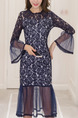 Blue Slim Lace Fishtail Linking Mesh Over-Hip Round Neck Flare Sleeve See-Through Dress for Casual Evening
