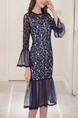 Blue Slim Lace Fishtail Linking Mesh Over-Hip Round Neck Flare Sleeve See-Through Dress for Casual Evening